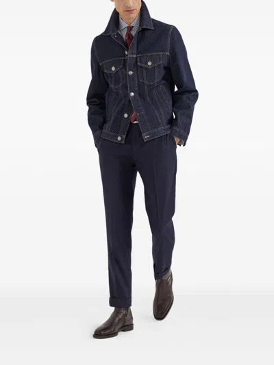 Brunello Cucinelli Striped Cotton Shirt With Button-down Collar In Blue