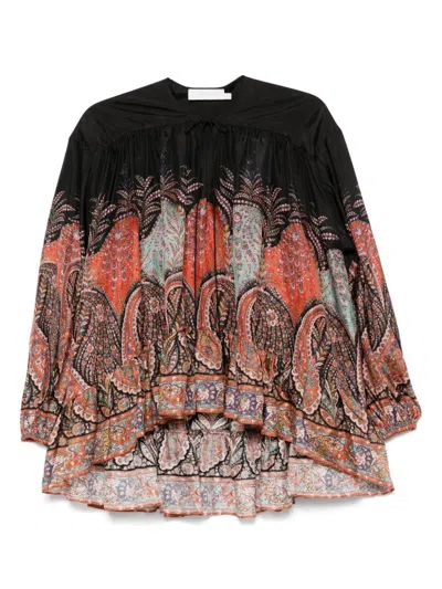 Zimmermann Rhiannon Printed Silk Blouse In Black