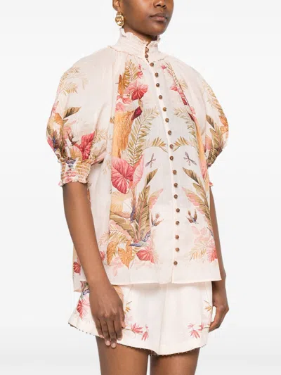 Zimmermann Ascension Billow Blouse Cream Palm Floral In Pink