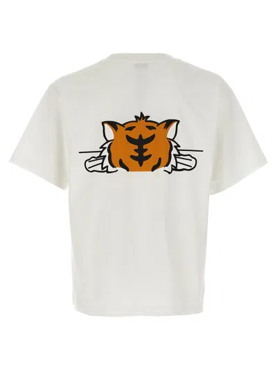 Kenzo 'gots Happy Tiger' White Crewneck T-shirt With Maxi Logo Embroidery On The Front And Logo Lettering In Neutral