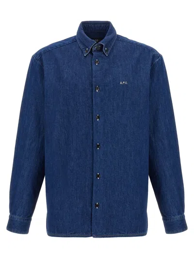 Apc A.p.c. Button-down Denim Shirt With Logo Detail In Blue