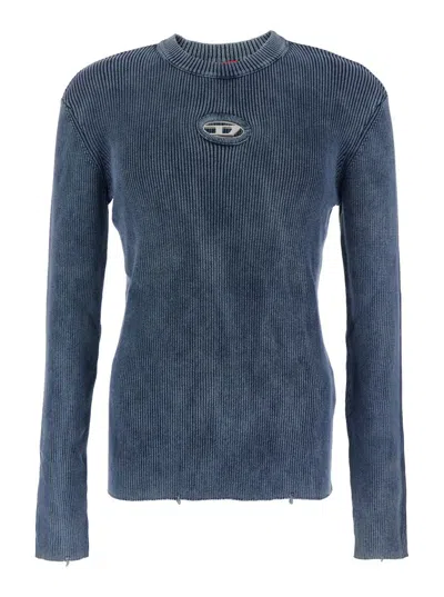 Diesel 'darin' Blue Crewneck T-shirt With Oval D Logo Cut-out On The Front In Blue
