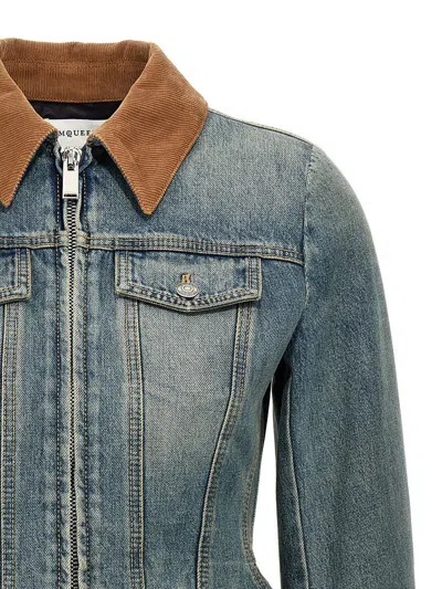 Alexander Mcqueen Alexander Mc Queen Light Blue Washed Denim Jacket With Ruffles In Blue