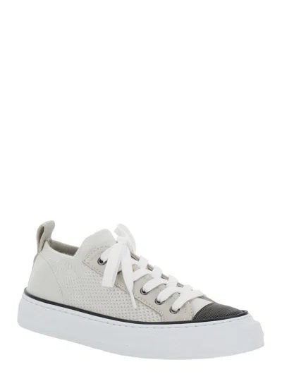 Brunello Cucinelli White Low Top Sneaker With Tab On The Heel In Cotton Knit Woman