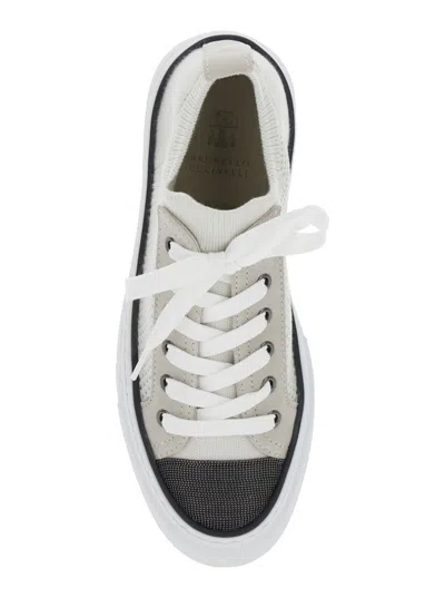 Brunello Cucinelli White Low Top Sneaker With Tab On The Heel In Cotton Knit Woman