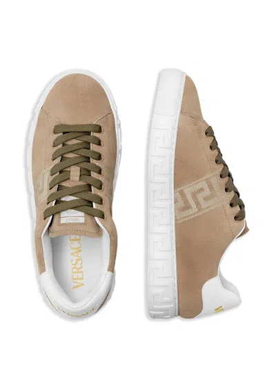 Versace Greca Suede Sneakers In Neutral