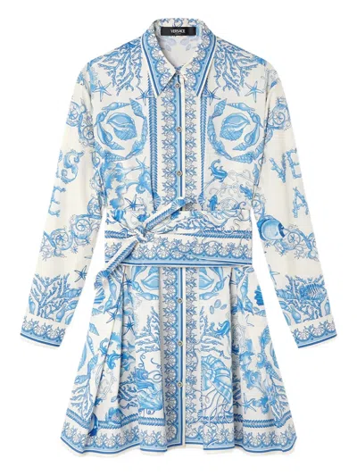 Versace Underwater Barocco Long Sleeve Cotton Poplin Shirtdress In Blue