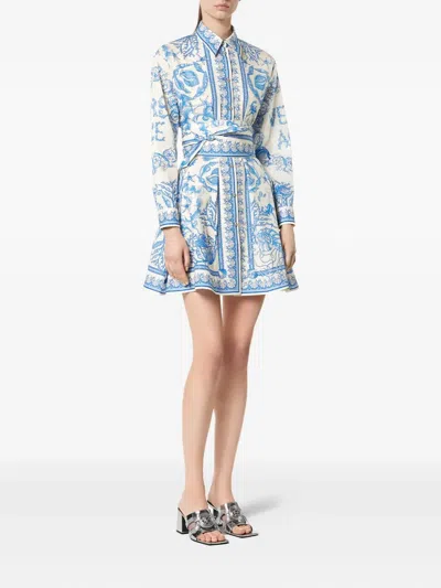 Versace Underwater Barocco Long Sleeve Cotton Poplin Shirtdress In Blue