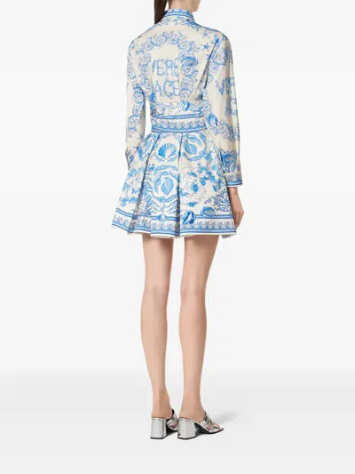 Versace Underwater Barocco Long Sleeve Cotton Poplin Shirtdress In Blue