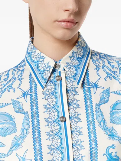 Versace Underwater Barocco Long Sleeve Cotton Poplin Shirtdress In Blue