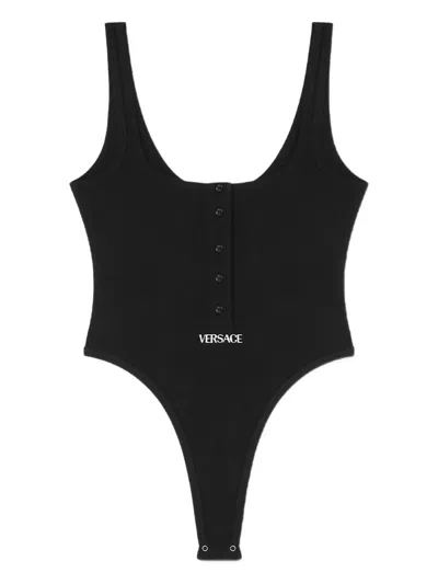 Versace Logo Ribbed Bodysuit In Black