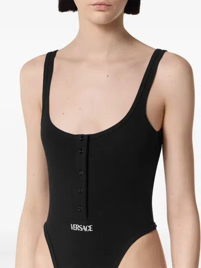 Versace Logo Ribbed Bodysuit In Black