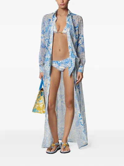 Versace Underwater Barocco Safety Pin Bikini Bottoms In Blue