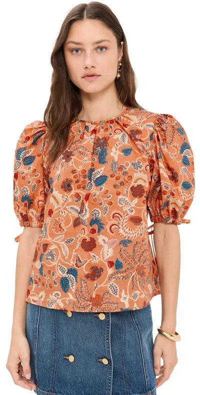 Ulla Johnson Coralie Short Sleeve Blouse Coral Peony In Multi