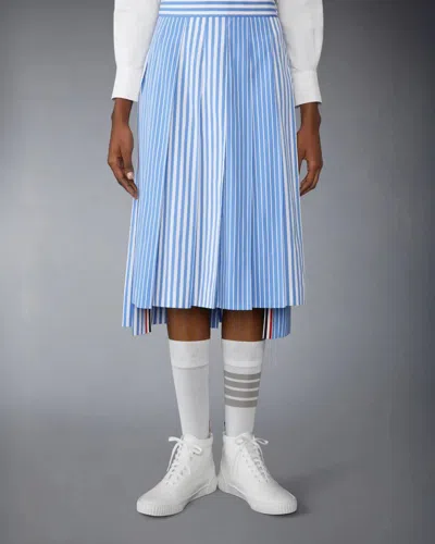 Thom Browne Awning Striped Poplin Funmix Pleated Skirt In Blue