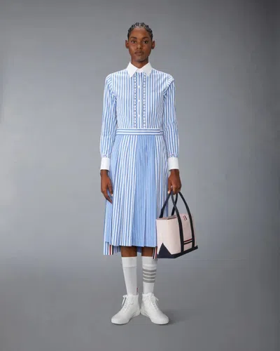 Thom Browne Awning Striped Poplin Funmix Pleated Skirt In Blue