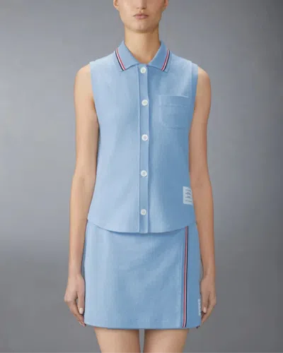 Thom Browne Cotton Waffle Sleeveless Button Shirt In Blue