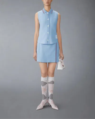 Thom Browne Cotton Waffle Sleeveless Button Shirt In Blue