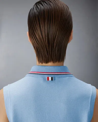 Thom Browne Cotton Waffle Sleeveless Button Shirt In Blue