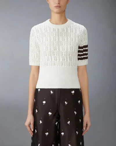 Thom Browne Pointelle Cable Stitch 4-bar Tee In White