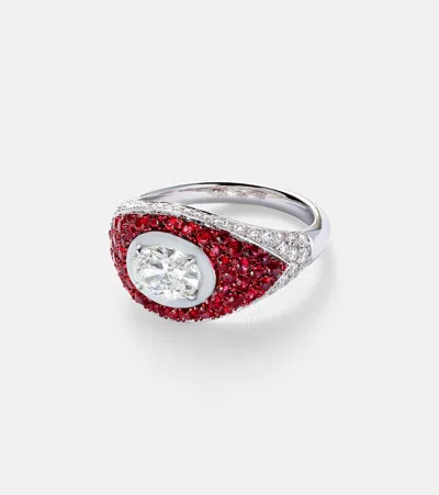 Kamyen 18kt White Gold Pinky Ring With Diamonds And Rubies