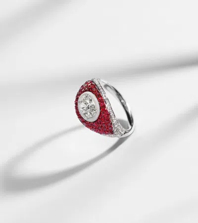 Kamyen 18kt White Gold Pinky Ring With Diamonds And Rubies
