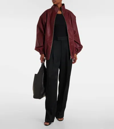 The Frankie Shop Oversized Faux Leather Bomber Jacket With Puff Sleeves In Burgundy