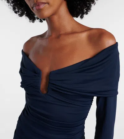 Carolina Herrera Off-the-shoulder Ruched Midi Dress In Blue