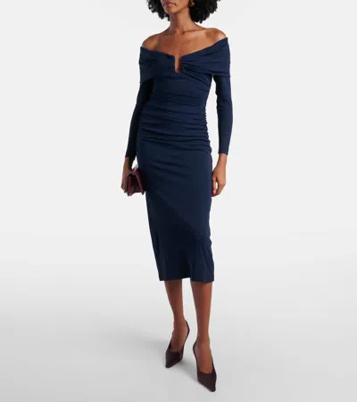 Carolina Herrera Off-the-shoulder Ruched Midi Dress In Blue