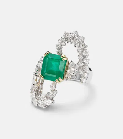 Yeprem Reign Supreme 18kt White Gold Ring With Emerald And Diamonds