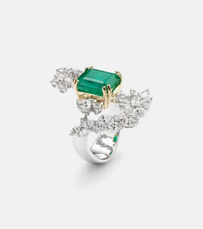 Yeprem Reign Supreme 18kt White Gold Ring With Emerald And Diamonds