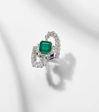 Yeprem Reign Supreme 18kt White Gold Ring With Emerald And Diamonds
