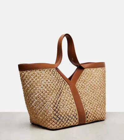 Saint Laurent Y Leather-trimmed Raffia Shopper