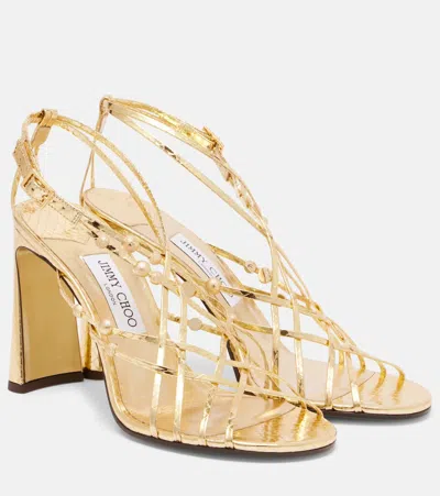 Jimmy Choo Felice 95 Beaded Metallic Leather Sandals In Gold