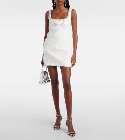 Self-portrait White Mini Dress With Square Neck And Bow Detail On The Front In Tech Fabric Woman In White