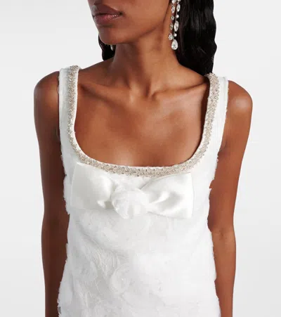 Self-portrait White Mini Dress With Square Neck And Bow Detail On The Front In Tech Fabric Woman In White