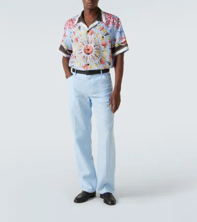 Dolce & Gabbana Multicolor Bowling Shirt With Cuban Collar And All-over Print In Linen Man