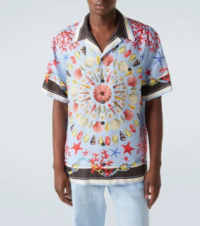 Dolce & Gabbana Multicolor Bowling Shirt With Cuban Collar And All-over Print In Linen Man