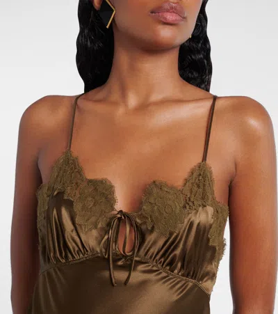 Saint Laurent Lace-trimmed Silk Satin Slip Dress In Green