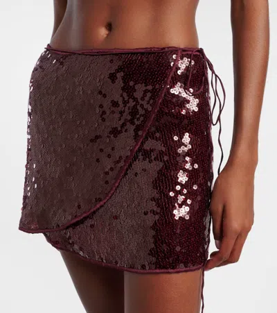 Oseree Marylin Sequined Tulle Wrap Mini Skirt In Burgundy