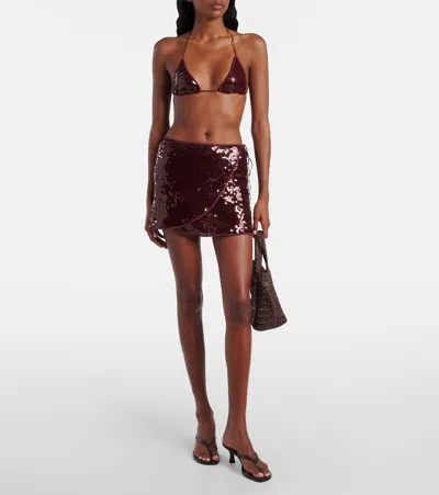 Oseree Marylin Sequined Tulle Wrap Mini Skirt In Burgundy