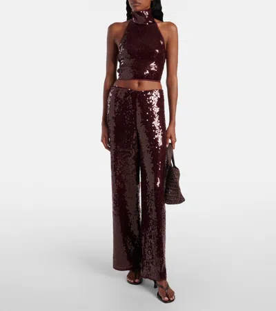 Oseree Lumière Trousers In Semi-transparent Brown Metallic Fabric In Burgundy