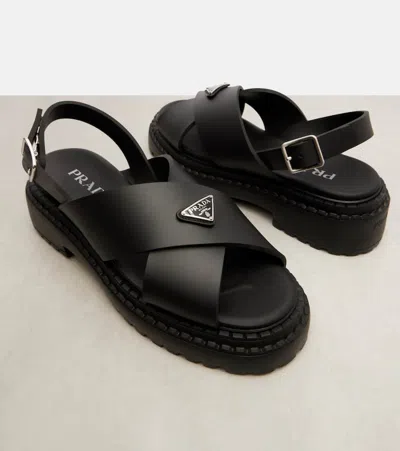 Prada Leather Crossover Platform Sandals 55 In Black