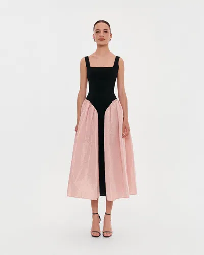 Milla Black Corset Dress On Straps With A Glossy Pink Midi Skirt