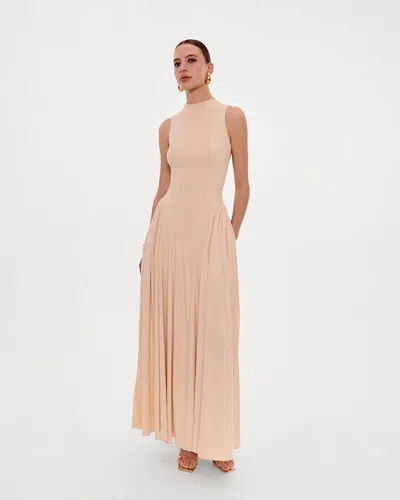 Milla Nude Sleeveless Mock Neck Dress With A Pleated Maxi Skirt