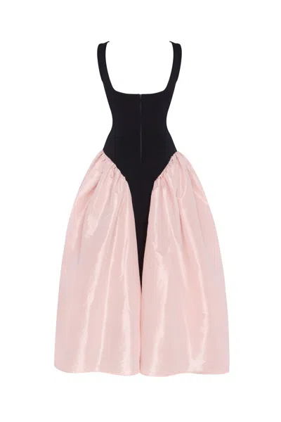 Milla Black Corset Dress On Straps With A Glossy Pink Midi Skirt
