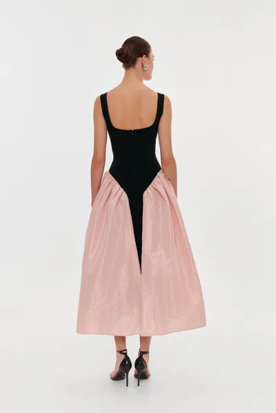 Milla Black Corset Dress On Straps With A Glossy Pink Midi Skirt