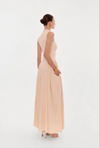 Milla Nude Sleeveless Mock Neck Dress With A Pleated Maxi Skirt