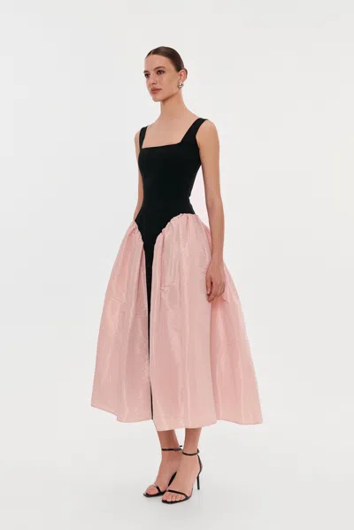 Milla Black Corset Dress On Straps With A Glossy Pink Midi Skirt