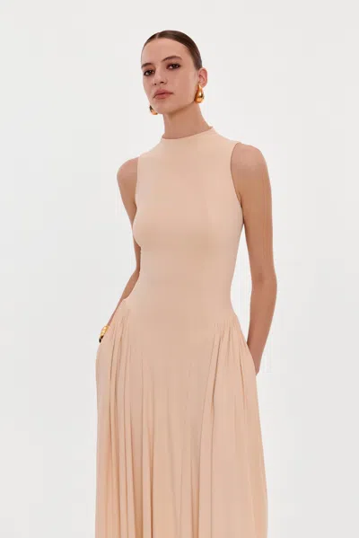 Milla Nude Sleeveless Mock Neck Dress With A Pleated Maxi Skirt